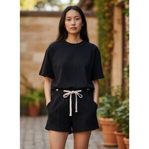 Monrow Black Cotton Sweat Shorts Drawstring Waist Size L NWT Made USA